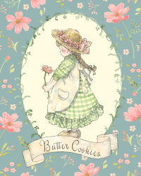 Rule 34 | 1girl, apron, blush, border, bow, braid, brown footwear, brown hair, child, closed eyes, cosmos (flower), dress, english text, facing to the side, floral background, flower, framed, frilled dress, frills, from side, gingham dress, green dress, hair ribbon, hanasaki taru, hat, hat bow, hat flower, highres, holding, holding flower, blue background, long hair, original, painting (medium), pink bow, pink flower, pocket, puffy sleeves, ribbon, round border, shoelaces, shoes, single braid, sleeve cuffs, sleeves past elbows, solo, sun hat, traditional media, watercolor (medium), white apron, white background, white ribbon
