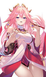 Rule 34 | 1girl, absurdres, animal ears, bare shoulders, breasts, cowboy shot, detached sleeves, earrings, ekidona, floppy ears, fox ears, genshin impact, gohei, hair between eyes, hair ornament, hands up, highres, japanese clothes, jewelry, large breasts, long hair, low-tied long hair, nontraditional miko, open mouth, pink hair, purple eyes, sidelocks, simple background, solo, teeth, thigh gap, turtleneck, white background, wide sleeves, yae miko