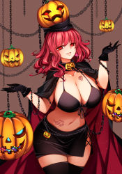 Rule 34 | 1girl, absurdres, bikini, bikini top only, body writing, breast tattoo, breasts, brown background, candy, cape, chain, cleavage, collarbone, commentary request, earrings, food, front-tie bikini top, front-tie top, gloves, halloween, hecatia lapislazuli, highres, hip vent, huge breasts, jack-o&#039;-lantern, jewelry, looking at viewer, navel, open mouth, pointy ears, pumpkin, raptor7, red eyes, red hair, skull tattoo, smile, solo, swimsuit, tattoo, thighhighs, thighs, touhou, wavy hair
