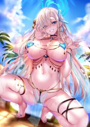 Rule 34 | 1girl, alternate costume, asuna (blue archive), blonde hair, blue archive, blue nails, breasts, cleavage, dancer, grin, halo, hands up, highres, kuro (tbm9187), large breasts, long hair, looking at viewer, nail polish, navel, outdoors, parted lips, revealing clothes, smile, solo, spread legs, squatting, stomach, teeth, thigh strap, thighlet, thighs, toenail polish, toenails, toes, v