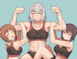 Rule 34 | 10s, 3girls, abs, alternate costume, armpits, bare shoulders, blue eyes, blush, breasts, brown eyes, brown hair, clenched hands, closed eyes, collarbone, dateya torahachi, flexing, girls und panzer, half-closed eyes, highres, itsumi erika, large breasts, long hair, looking at viewer, looking back, medium breasts, midriff, multiple girls, muscular, muscular female, nishizumi maho, nishizumi miho, open mouth, short hair, silver hair, simple background, smile, sports bra, sweat, tank top, trembling, veins