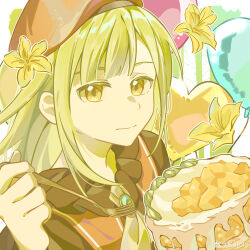 Rule 34 | 1girl, absurdres, balloon, bang dream!, bang dream! it&#039;s mygo!!!!!, black shirt, cake, chinese commentary, closed mouth, commentary request, cucumber flower, english text, flower, food, fork, green hair, hand up, hat, heart, highres, holding, holding fork, long hair, looking at viewer, mixed-language commentary, red hat, shirt, smile, solo, upper body, wakaba mutsumi, weibo watermark, yellow eyes, yellow flower, yui k (yuik48074789)