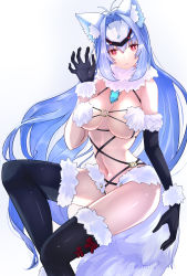 Rule 34 | 1girl, absurdres, animal ears, asymmetrical gloves, bad id, bad twitter id, black gloves, black thighhighs, blue hair, breasts, cat ears, cat girl, chest jewel, cosplay, cowboy shot, crystal, elbow gloves, gem, gloves, headgear, highres, impossible clothes, kos-mos, kos-mos re:, large breasts, long hair, mash kyrielight, mash kyrielight (dangerous beast), mash kyrielight (dangerous beast) (cosplay), navel, o-ring, official alternate costume, red eyes, risumi (taka-fallcherryblossom), shiny skin, solo, thighhighs, uneven gloves, very long hair, white background, xenoblade chronicles (series), xenoblade chronicles 2, xenosaga