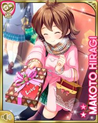 Rule 34 | 1girl, ahoge, bow, bowtie, brown eyes, brown hair, card (medium), character name, coat, day, closed eyes, girlfriend (kari), green bow, hiragi makoto, official art, outdoors, pink background, pink coat, plaid, plaid skirt, pleated skirt, qp:flapper, scarf, school uniform, short hair, skirt, smile, socks, solo, winter clothes, yellow bow, yellow bowtie
