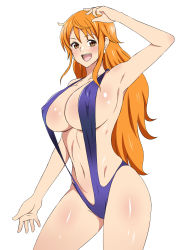 Rule 34 | 1girl, arm up, bikini, blush, breasts, brown eyes, cleavage, curvy, earrings, covered erect nipples, female focus, highres, hip focus, jewelry, kagemusha, large breasts, legs, long hair, looking at viewer, nami (one piece), navel, one piece, open mouth, orange hair, simple background, slingshot swimsuit, smile, solo, stomach, swimsuit, thick thighs, thighs, white background