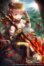 Rule 34 | 1girl, arm up, bare shoulders, belt, belt buckle, black belt, black thighhighs, blue sky, boots, buckle, castle, cloud, collarbone, company name, copyright name, day, debris, fire, flaming sword, flaming weapon, from above, gabiran, gauntlets, gloves, grand sphere, green eyes, hair between eyes, hair tie, hairband, hat, holding, holding sword, holding weapon, knee boots, landscape, light particles, long hair, looking at viewer, low ponytail, mountain, navel, official art, open mouth, outdoors, pink hair, ponytail, purple gloves, purple hat, red footwear, sky, solo, sparks, sunlight, sword, teeth, thighhighs, tsurime, upper teeth only, weapon, white thighhighs