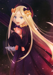 Rule 34 | 1girl, abigail williams (fate), arm up, black bow, black dress, black hat, blonde hair, blue eyes, bow, dress, fate/grand order, fate (series), floating hair, from side, hair bow, hat, highres, holding, holding stuffed toy, long hair, looking at viewer, open mouth, orange bow, parted bangs, romuni, sleeves past wrists, solo, standing, stuffed animal, stuffed toy, teddy bear, very long hair