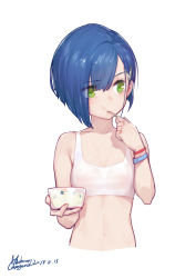 Rule 34 | 10s, 1girl, absurdres, blue hair, breasts, commentary, crop top, cropped torso, darling in the franxx, dated, eating, eyes visible through hair, food, food on face, gorgeous mushroom, green eyes, highres, ichigo (darling in the franxx), looking away, revision, shirt, short hair, signature, simple background, small breasts, solo, stomach, tank top, upper body, utensil in mouth, white background, white shirt, wristband