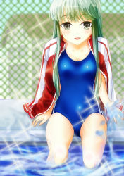 Rule 34 | 1girl, building, competition swimsuit, fu na, girlfriend (kari), green eyes, green hair, highres, jacket, long hair, masaoka mai, matching hair/eyes, one-piece swimsuit, pool, sitting, smile, solo, swimsuit, track jacket