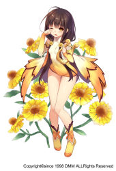 Rule 34 | 1girl, ;o, arm warmers, brown hair, flower knight girl, full body, hair over shoulder, harp, helenium (flower knight girl), instrument, legs, leotard, long hair, looking at viewer, name connection, object namesake, official art, one eye closed, shoes, solo, standing, sugimeno, tears, twintails, white background, white leotard, yellow eyes, yellow footwear