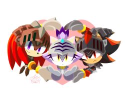 Rule 34 | 1girl, 2boys, absurdres, black fur, blaze the cat, furry, furry female, furry male, gauntlets, gawain (sonic), heart, highres, knuckles the echidna, lancelot (sonic), looking at viewer, multiple boys, percival (sonic), purple eyes, purple fur, red eyes, red fur, shadow the hedgehog, sonic (series), sonic and the black knight, takodoridori, visor (armor), yellow eyes