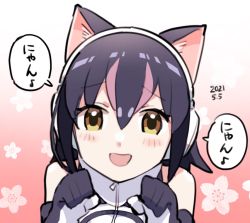 Rule 34 | 1girl, animal ears, bare shoulders, black gloves, black hair, cat ears, close-up, commentary request, elbow gloves, gloves, headphones, high collar, humboldt penguin (kemono friends), kemono friends, kemono friends v project, kemonomimi mode, looking at viewer, multicolored hair, negishio mgr, official alternate costume, paw pose, purple hair, short hair, sleeveless, solo, speech bubble, streaked hair, translation request, two-tone gloves, virtual youtuber, white gloves, yellow eyes