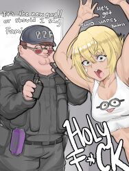 Rule 34 | 1boy, 1girl, absurdres, blonde hair, brown eyes, brown hair, character request, cleft chin, commission, cropped shirt, double chin, electronic cigarette, english text, eri (uragoner), family guy, fat, fat man, glasses, green eyes, helm, helmet, highres, kowai (iamkowai), midriff, military uniform, minion (despicable me), peter griffin, red-tinted eyewear, round eyewear, second-party source, short hair, sunglasses, tinted eyewear, uniform, uragoner, very short hair