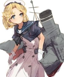 Rule 34 | 1girl, alchera, black neckwear, blonde hair, blue eyes, blue sailor collar, cowboy shot, dress, gloves, hat, janus (kancolle), kantai collection, leaning forward, looking back, machinery, parted bangs, sailor collar, sailor dress, sailor hat, short hair, short sleeves, simple background, smokestack, solo, standing, white background, white dress, white gloves, white hat