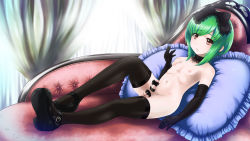 Rule 34 | 1boy, couch, crossdressing, elbow gloves, erection, gloves, green hair, green ribbon, hakuchi (pixiv4625598), highres, male focus, nipples, nude, original, penis, pillow, red eyes, ribbon, ribbon hair, shoes, short hair, solo, testicles, thighhighs, trap