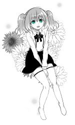 Rule 34 | 1girl, aqua eyes, bow, bowtie, casual, female focus, flower, from above, full body, greyscale, hair flower, hair ornament, highres, hiiragi nana, looking up, miniskirt, monochrome, munou na nana, no shoes, open mouth, sitting, skirt, smile, solo, spot color, thighhighs, twintails, yukisa