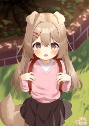 Rule 34 | 1girl, :d, animal ears, backpack, bag, black skirt, blush, brown eyes, brown hair, commentary request, cowboy shot, dog ears, dog girl, dog tail, dot nose, double-parted bangs, female focus, flat chest, hair between eyes, hair ornament, hairclip, highres, long hair, looking at viewer, miniskirt, open mouth, original, outdoors, paid reward available, pink sweater, pleated skirt, red bag, shirt, siera (sieracitrus), skirt, smile, solo, standing, sweater, tail, white shirt
