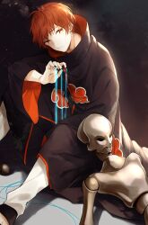 Rule 34 | 1boy, absurdres, akatsuki uniform, black nails, doll joints, feet out of frame, head tilt, highres, joints, looking at viewer, magic, male focus, marionette, naruto (series), naruto shippuuden, orange eyes, puppet, puppet strings, red hair, sasori (naruto), short hair, sitting, solo, wowishi