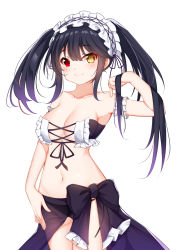 Rule 34 | 1girl, absurdres, alternate costume, arm garter, bad id, bad pixiv id, bare shoulders, bikini, black bikini, black hair, blush, breasts, catnnn, cleavage, clock eyes, closed mouth, collarbone, commentary request, cowboy shot, date a live, hairband, hand up, heterochromia, highres, lolita hairband, long hair, looking at viewer, medium breasts, navel, red eyes, revision, simple background, smile, solo, stomach, swimsuit, symbol-shaped pupils, tokisaki kurumi, twintails, white background, yellow eyes