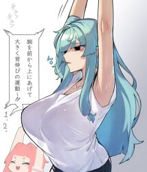 Rule 34 | 2girls, :3, age difference, alternate breast size, alternate height, armpits, arms up, black eyes, black pants, blue hair, blush, breasts, closed eyes, collarbone, commentary request, empty eyes, expressionless, hair intakes, height difference, highres, hikimayu, kotonoha akane, kotonoha aoi, large breasts, long hair, looking ahead, low-tied sidelocks, multiple girls, one side up, pants, pink hair, shirt, short sleeves, siblings, sidelocks, sisters, smile, solo focus, stretching, t-shirt, toriniku29, translation request, upper body, voiceroid, white shirt