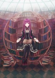 Rule 34 | bad id, bad pixiv id, book, gothic lolita, highres, library, lolita fashion, long hair, neme, original, purple hair, solo