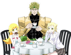 Rule 34 | 1boy, 2girls, blonde hair, blouse, blush stickers, breasts, chair, closed mouth, commentary, cone hair bun, crossover, cup, demi-chan wa kataritai, dio brando, doughnut, eating, english commentary, food, grey skirt, grin, hair bun, highres, holding, holding cup, jojo no kimyou na bouken, long hair, long sleeves, looking at viewer, monogatari (series), multiple crossover, multiple girls, muscular, oshino shinobu, plate, shirt, short hair, simple background, sitting, skirt, small breasts, smile, stardust crusaders, table, takanashi hikari, tanny v, tea, tea party, teeth, trait connection, vampire, white background, white shirt, yellow eyes