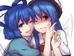 Rule 34 | 2girls, blue eyes, blue hair, cheek-to-cheek, fingernails, food, fruit, hair ornament, hair rings, hair stick, hand on another&#039;s face, hat, heads together, hinanawi tenshi, kaku seiga, light smile, long hair, multiple girls, nail polish, one eye closed, open mouth, peach, red eyes, short hair, short sleeves, simple background, terimayo, touhou, upper body, white background, wink