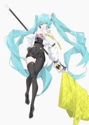 Rule 34 | 1girl, absurdres, aqua eyes, black bodysuit, black gloves, bodysuit, breasts, chinese commentary, closed mouth, commentary, covered navel, cropped jacket, flag, full body, gloves, goodsmile racing, grey background, groin, hand on own hip, hatsune miku, highres, holding, holding flag, jacket, kirschma, long hair, long sleeves, looking at viewer, puffy long sleeves, puffy sleeves, racing miku, racing miku (2022), simple background, single thighhigh, small breasts, smile, solo, thighhighs, twintails, very long hair, vocaloid, white jacket
