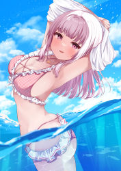 Rule 34 | 1girl, absurdres, armpits, arms up, ass, bikini, blue sky, blush, breasts, butt crack, cleavage, cloud, commentary request, day, frilled bikini, frills, harukasu (mememememo), highres, looking at viewer, looking to the side, medium breasts, nijisanji, ocean, outdoors, partially submerged, pink bikini, pink eyes, pink hair, shiina yuika, shiina yuika (6th costume), shirt, sky, smile, solo, swimsuit, undressing, virtual youtuber, white shirt