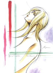 Rule 34 | 1girl, aya brea, blonde hair, blue eyes, concept art, female focus, long hair, nomura tetsuya, nude, official art, parasite eve, sketch, solo, square enix, white background