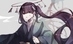 Rule 34 | 1boy, brown hair, earrings, halo, highres, ink on face, japanese clothes, jewelry, kimono, kitsunemiyoru, lantern earrings, long hair, long sleeves, male focus, open mouth, original, ponytail, smoke, solo, very long hair, wings