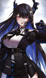 Rule 34 | 1girl, absurdres, asymmetrical horns, black gloves, black hair, black sleeves, blue hair, breasts, clothing cutout, collared shirt, colored inner hair, demon horns, dress shirt, fangs, fur-trimmed sleeves, fur trim, gloves, highres, hololive, hololive english, horns, jewelry, large breasts, long hair, looking at viewer, miyayosh, mole, mole under eye, multicolored hair, nerissa ravencroft, nerissa ravencroft (1st costume), open mouth, red eyes, ring, shadow (nerissa ravencroft), shirt, shoulder cutout, virtual youtuber, waistcoat, white shirt