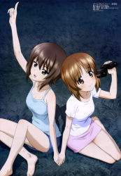 Rule 34 | 10s, 2girls, absurdres, barefoot, binoculars, feet, from above, girls und panzer, grass, holding hands, highres, multiple girls, nishizumi maho, nishizumi miho, official art, pointing, pointing up, short hair, shorts, siblings, sisters, sitting, skirt, toes