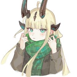 1girl ahoge arknights blonde_hair blunt_bangs blush closed_mouth cropped_torso deka_shippou dragon_horns green_eyes green_scarf highres horns long_hair long_sleeves looking_at_viewer reed_(arknights) scarf simple_background solo upper_body white_background