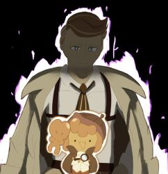 Rule 34 | almond cookie, angry, blue eyes, bow, bowtie, brown bow, brown bowtie, brown coat, brown eyes, brown pants, coat, fire, glowing, glowing eyes, hand on own hip, happy, holding, holding magnifying glass, magnifying glass, non-web source, pants, purple fire, shirt, shoulder strap, side ponytail, size difference, walnut cookie, white shirt, zyrobot