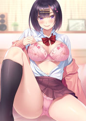 Rule 34 | 1girl, black hair, bob cut, bow, bowtie, bra, breasts, commentary request, hair ornament, hairclip, highres, himamo, indoors, kneehighs, large breasts, long sleeves, looking at viewer, navel, original, panties, pink bra, pink panties, purple eyes, red bow, red bowtie, red skirt, shirt, sitting, skirt, smile, socks, solo, thighs, underwear, white shirt