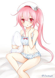 Rule 34 | 10s, 1girl, blush, cinderella bust, harusame (kancolle), hat, kantai collection, long hair, looking at viewer, navel, nikoo, pillow, pink eyes, pink hair, side ponytail, sitting, solo, twitter username, underwear, underwear only, very long hair