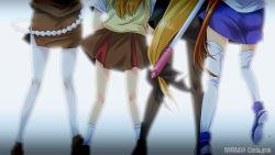 Rule 34 | ass, backlighting, black footwear, black legwear, black skirt, blue footwear, blue skirt, brown jacket, brown skirt, cable, commentary request, dated, fate testarossa, from behind, head out of frame, highres, jacket, legs, lyrical nanoha, mahou shoujo lyrical nanoha vivid, miniskirt, pantyhose, pencil skirt, pleated skirt, san-pon, shirt, shoes, side slit, skirt, socks, standing, standing on one leg, sweater, sweater vest, takamachi nanoha, thighhighs, tsab air military uniform, tsab executive military uniform, tsab ground military uniform, twitter username, vivio, white jacket, white legwear, white shirt, yagami hayate, yellow sweater