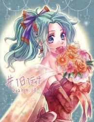 Rule 34 | 1girl, ayana (iqaw5cfohvdtver), blue eyes, bouquet, breasts, cape, dangle earrings, dated, detached sleeves, dress, earrings, final fantasy, final fantasy vi, flower, green hair, hair ribbon, happy birthday, holding, holding bouquet, jewelry, long hair, medium breasts, open mouth, parted bangs, pink flower, ponytail, purple ribbon, red dress, red flower, red sleeves, ribbon, rose, smile, solo, tina branford, upper body, wavy hair, yellow cape