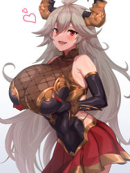 Rule 34 | 1girl, ahoge, bare shoulders, breast hold, breasts, draph, elbow gloves, gloves, granblue fantasy, grey hair, highres, horn ornament, horns, huge breasts, lancer24, long hair, pleated skirt, pointy ears, red eyes, skirt, smile, solo, threo (granblue fantasy)