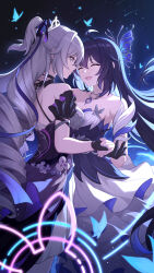 2girls absurdres ahoge alternate_costume bare_shoulders black_gloves black_hair blue_butterfly blue_hair breasts bronya_zaychik bronya_zaychik_(silverwing:_n-ex) broseele bug butterfly butterfly_hair_ornament chest_tattoo chinese_commentary cleavage closed_eyes closed_mouth collarbone colored_inner_hair commentary_request dress gloves grey_eyes grey_hair hair_between_eyes hair_ornament hair_ribbon hand_around_neck hand_grab highres honkai_(series) honkai_impact_3rd insect jewelry large_breasts long_hair looking_at_another medium_breasts multicolored_hair multiple_girls necklace open_mouth pink_pupils purple_dress purple_ribbon ribbon seele_vollerei short_ponytail shoulder_blades sidelocks smile strapless strapless_dress tattoo very_long_hair white_dress