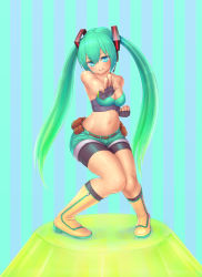 Rule 34 | 1girl, belt, bike shorts, boots, breasts, cleavage, clenched hand, fighting stance, fingerless gloves, full body, gloves, green eyes, green hair, hatsune miku, knee boots, knees together feet apart, pantyhose under shorts, long hair, mitsu (komainumilk), navel, outstretched arm, pantyhose, ribbon, short shorts, shorts, small breasts, smile, solo, sports bra, standing, twintails, vocaloid