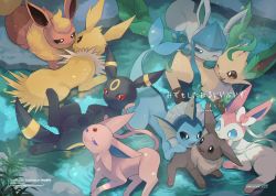 Rule 34 | 6+others, commentary request, creatures (company), eevee, espeon, evolutionary line, flareon, from above, game freak, gen 1 pokemon, gen 2 pokemon, gen 4 pokemon, gen 6 pokemon, glaceon, highres, jolteon, kikuyoshi (tracco), leafeon, multiple others, nintendo, no humans, open mouth, pokemon, pokemon (creature), rock, scenery, sylveon, tail, umbreon, vaporeon