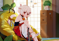 Rule 34 | 1girl, animal ears, bare shoulders, bean bag chair, bell, blush, cat ears, cat girl, cat tail, detached sleeves, drawer, fish, frills, hair ornament, highres, indoors, japanese clothes, jingle bell, leaf, light particles, looking at viewer, miko, mole, mole under mouth, original, parted lips, plant, potted plant, qiufengxiaose, red eyes, red skirt, ribbon-trimmed sleeves, ribbon trim, shide, short hair, skirt, socks, solo, sunlight, tabi, tail, teruterubouzu, undressing, white hair, white sleeves, white socks, window