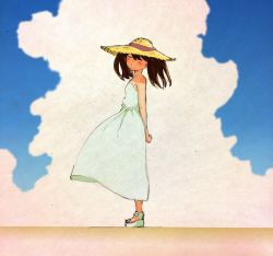 Rule 34 | 1girl, arms behind back, blue sky, brown hair, cloud, dress, closed eyes, from side, full body, graphite (medium), halterneck, hat, highres, kantai collection, namakura neo, ryuujou (kancolle), sandals, sky, smile, solo, sun hat, traditional media, white dress