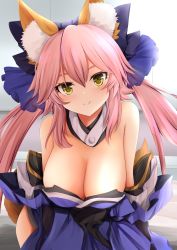 Rule 34 | 1girl, animal ear fluff, animal ears, blue kimono, breasts, cleavage, closed mouth, cowboy shot, detached collar, fate/grand order, fate (series), fox ears, fox girl, highres, japanese clothes, kimono, kitora (kisekinonameko), kitsune, large breasts, leaning forward, long hair, looking at viewer, pink hair, smile, solo, standing, tamamo (fate), tamamo no mae (fate/extra), yellow eyes