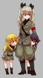 Rule 34 | 10s, 3girls, aged down, anchovy (girls und panzer), belt, black footwear, black hair, black necktie, black ribbon, black shirt, blonde hair, blouse, blush, boots, braid, brown eyes, carpaccio (girls und panzer), closed mouth, commentary, dress shirt, drill hair, embarrassed, frown, full body, girls und panzer, green eyes, green hair, grey background, grey jacket, grey pants, grey skirt, hair ribbon, hand on another&#039;s head, hiding, hiding behind another, jacket, jodhpurs, knee boots, long hair, long sleeves, looking at another, military, military uniform, multiple girls, necktie, oono imo, open mouth, pants, pants tucked in, pencil skirt, pepperoni (girls und panzer), red eyes, ribbon, shirt, short hair, shoulder belt, side braid, simple background, skirt, smile, standing, twin drills, twintails, uniform