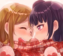Rule 34 | 10s, 2girls, blue hair, blush, brown hair, closed eyes, commentary request, face-to-face, hair bun, kunikida hanamaru, looking at another, love live!, love live! sunshine!!, mittens, multiple girls, open mouth, plaid, plaid scarf, purple eyes, scarf, shared clothes, shared scarf, shima (mahirooon), side bun, signature, single side bun, smile, tsushima yoshiko, twitter username, winter clothes, yuri
