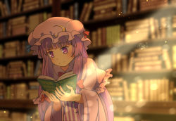 Rule 34 | 1girl, blue bow, blue ribbon, blurry, blurry background, blurry foreground, book, bookshelf, bow, crescent, depth of field, dress, hair ribbon, hat, holding, holding book, library, light rays, long hair, long sleeves, mob cap, nayozane (worker7), patchouli knowledge, purple eyes, purple hair, reading, ribbon, smile, solo, striped, touhou, very long hair, voile, wide sleeves