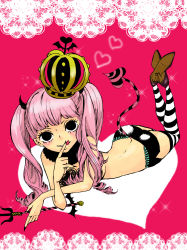Rule 34 | 1girl, absurdres, choco---mint, crown, demon girl, demon tail, female focus, full body, halloween, heart, highres, horns, lace, lying, nail polish, on stomach, one piece, perona, pink background, pink hair, solo, striped legwear, tail, twintails, valentine